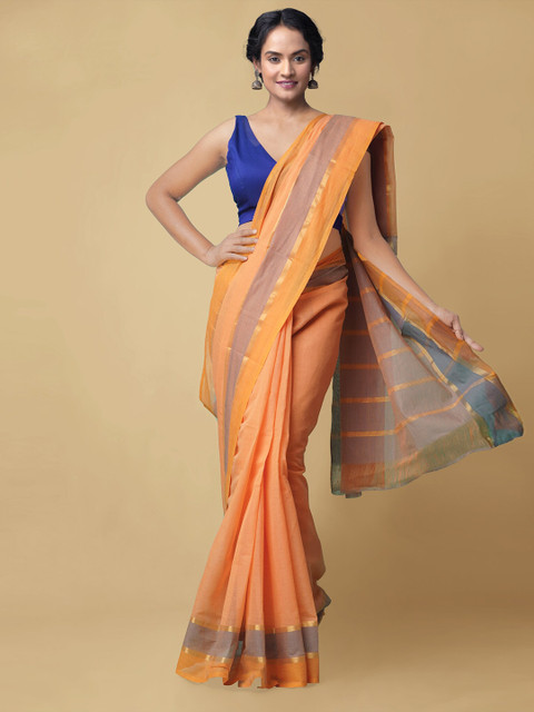 

Unnati Silks Women Orange & Grey Solid Cotton Handloom Mangalagiri Saree