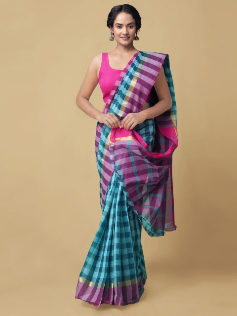 

Unnati Silks Blue & Purple Checked Zari Pure Cotton Handloom Mangalagiri Saree