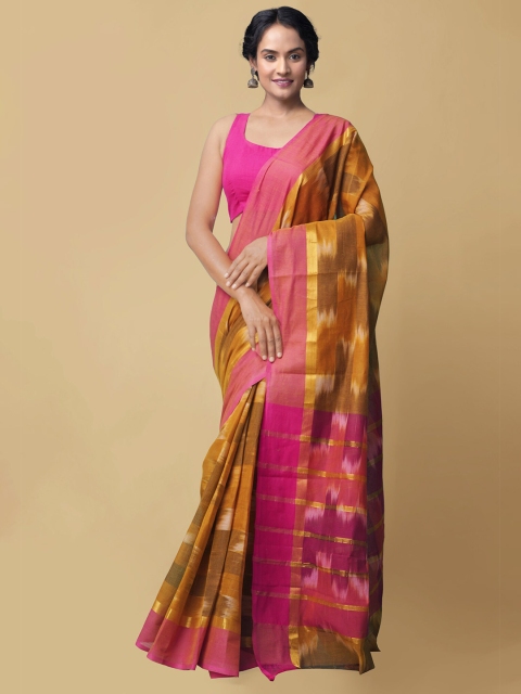 

Unnati Silks Brown & Pink Ikat Woven Design Zari Cotton Handloom Mangalagiri Saree
