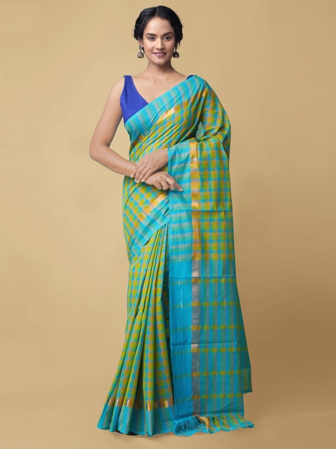 

Unnati Silks Blue & Green Checked Zari Pure Cotton Handloom Mangalagiri Saree