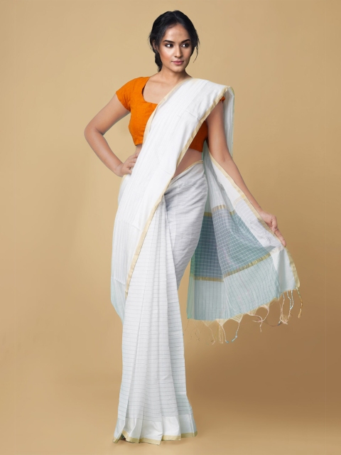 

Unnati Silks White & Grey Striped Silk Cotton Handloom Chanderi Saree