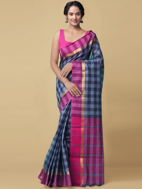 

Unnati Silks Blue & Pink Checked Zari Pure Cotton Handloom Mangalagiri Saree