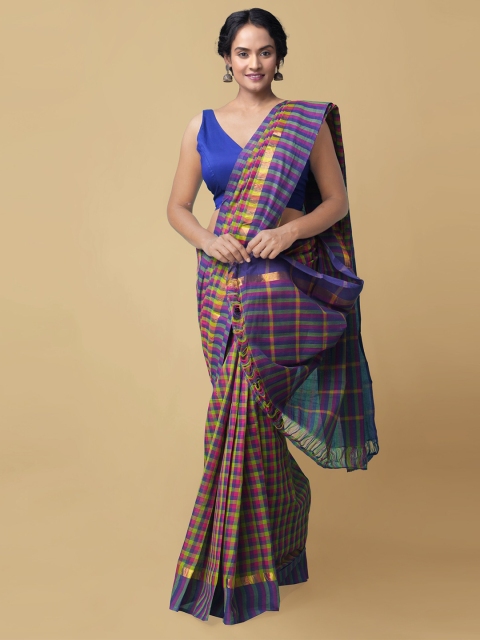 

Unnati Silks Blue & Green Checked Zari Pure Cotton Handloom Mangalagiri Saree