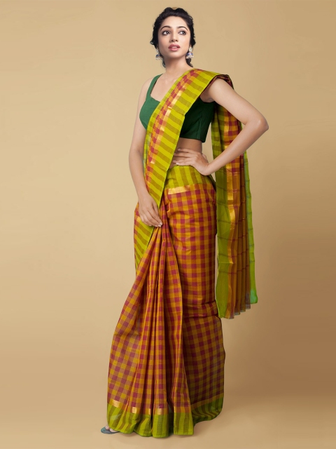 

Unnati Silks Maroon & Mustard Yellow Checked Zari Pure Cotton Handloom Mangalagiri Saree