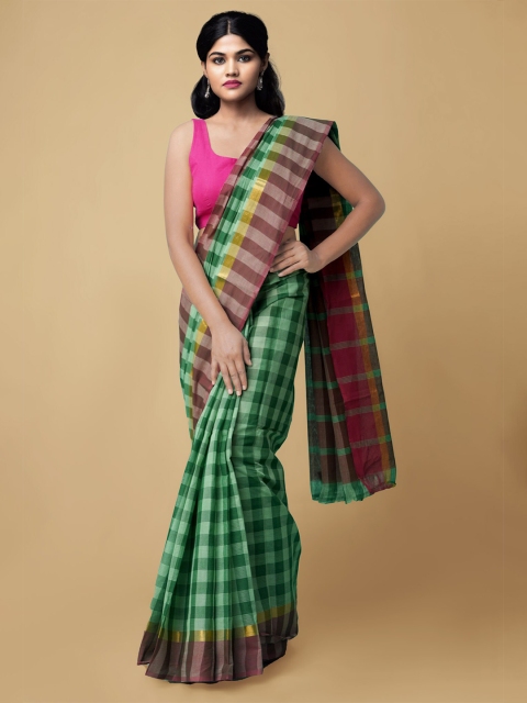 

Unnati Silks Green & Burgundy Checked Pure Cotton Handloom Mangalagiri Saree