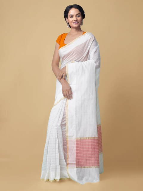 

Unnati Silks White & Grey Striped Silk Cotton Handloom Chanderi Saree