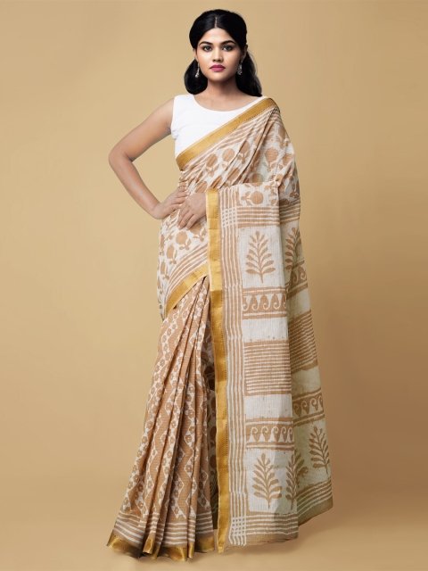 

Unnati Silks Beige & White Ethnic Motifs Pure Cotton Handloom Dabu Saree