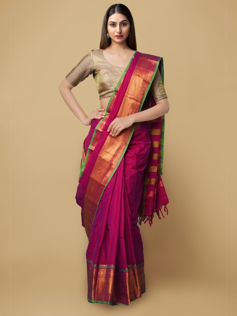 

Unnati Silks Fuchsia Pink & Gold Solid Zari Silk Cotton Handloom Narayan Peth Saree