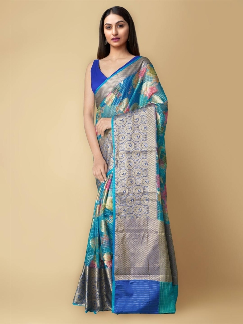 

Unnati Silks Blue & Gold Checked & Floral Zari Silk Cotton Handloom Banarasi Saree
