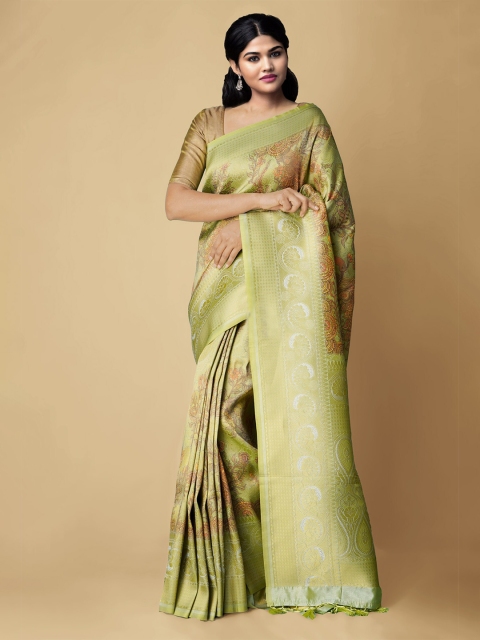 

Unnati Silks Green & Silver-Toned Ethnic Motifs Silk Cotton Banarasi Saree