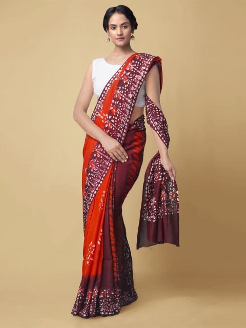 

Unnati Silks Orange & Maroon Batik Handloom Block Print Saree