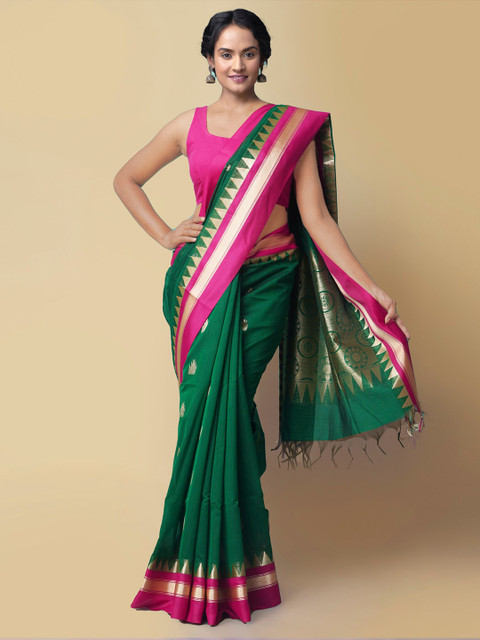 

Unnati Silks Green & Pink Woven Design Silk Cotton Handloom Baluchari Saree