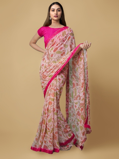 

Unnati Silks Pink & Green Floral Print Art Silk Handloom Kovai Saree