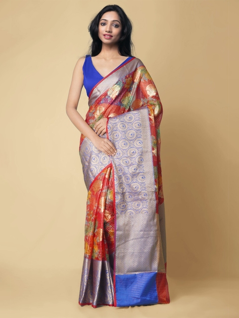 

Unnati Silks Red & Gold Checked & Floral Print Silk Cotton Handloom Banarasi Saree