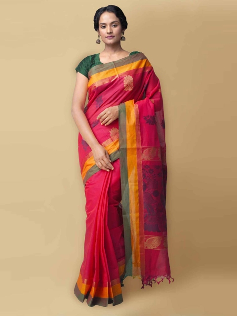 

Unnati Silks Pink & Purple Ethnic Motifs Woven Design Cotton Handloom Uppada Saree