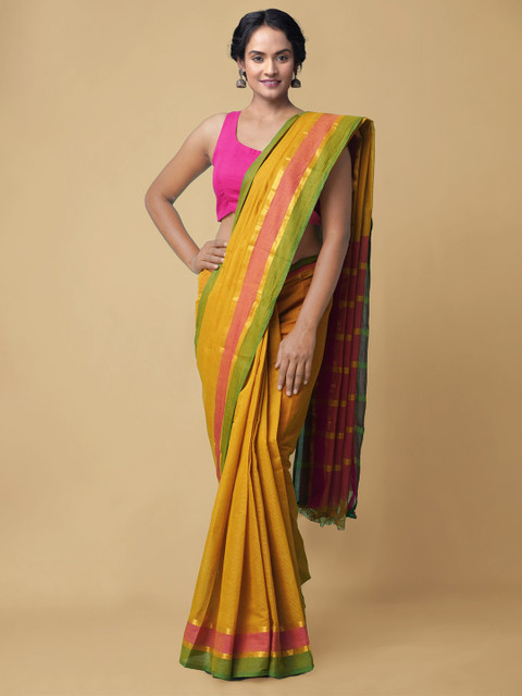 

Unnati Silks Mustard Yellow Solid Zari Cotton Handloom Mangalagiri Saree