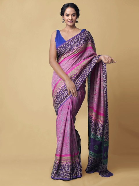 

Unnati Silks Pink & Beige Ethnic Motifs Hand Block Print Silk Handloom Baluchari Saree