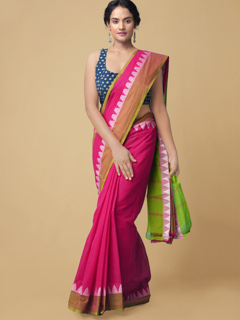 

Unnati Silks Pink Solid Cotton Handloom Mangalagiri Saree