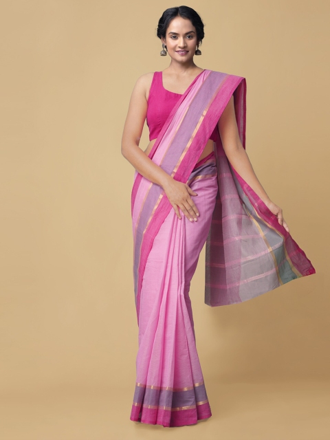 

Unnati Silks Pink & Purple Solid Zari Cotton Handloom Mangalagiri Saree