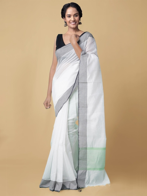 

Unnati Silks White & Black Solid Handloom Chanderi Saree