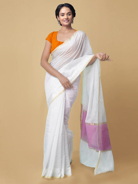 

Unnati Silks White & Grey Striped Silk Cotton Handloom Chanderi Saree