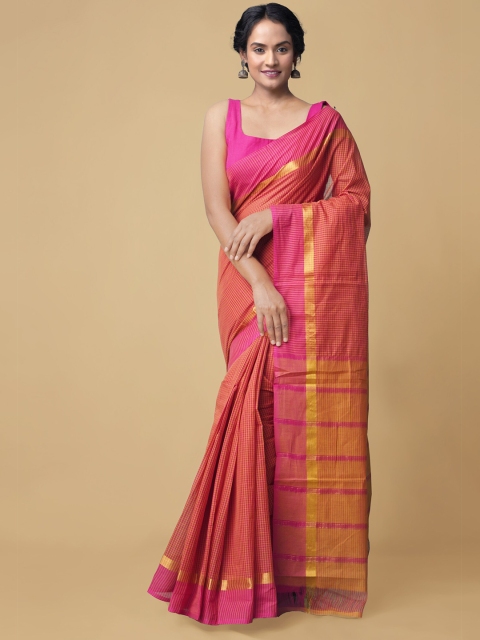 

Unnati Silks Pink & Yellow Checked Pure Cotton Handloom Mangalagiri Saree
