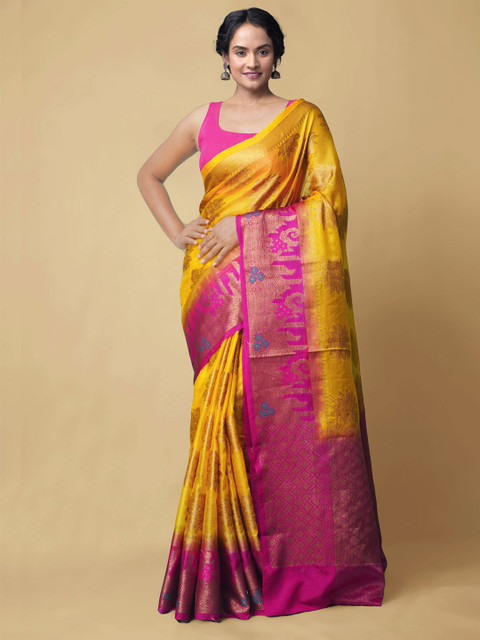 

Unnati Silks Yellow & Gold Ethnic Motifs Zari Silk Cotton Handloom Banarasi Saree