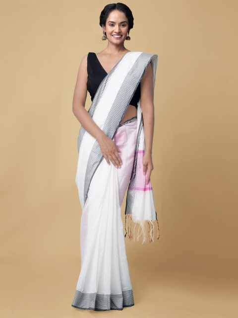 

Unnati Silks White & Charcoal Grey Solid Handloom Chanderi Saree