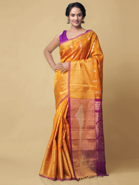 

Unnati Silks Orange & Purple Ethnic Motifs Zari Silk Cotton Handloom Kanjeevaram Saree