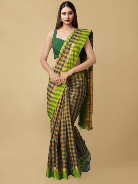 

Unnati Silks Mustard Yellow & Blue Checked Handloom Pure Cotton Mangalgiri Saree