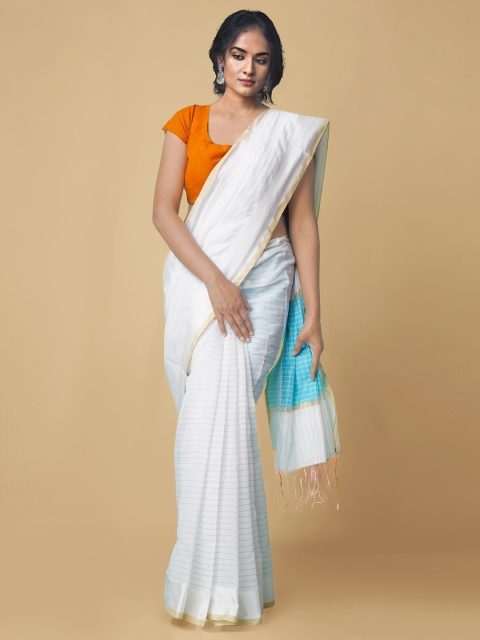 

Unnati Silks White & Grey Striped Handloom Pure Chanderi Saree