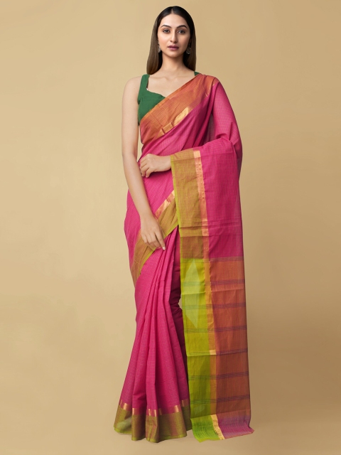 

Unnati Silks Women Pink & Orange Checked Handloom Pure Cotton Mangalgiri Saree
