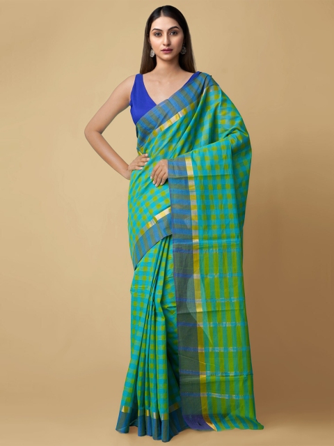 

Unnati Silks Blue & Lime Green Checked Handloom Pure Cotton Mangalgiri Saree