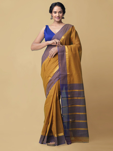 

Unnati Silks Women Mustard Brown & Purple Checked Handloom Pure Cotton Mangalgiri Saree