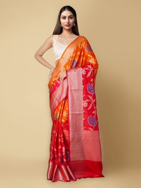 

Unnati Silks Women Red & Orange Woven Design Handloom Jamdhani Banarasi Saree