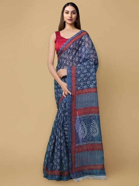 

Unnati Silks Women Blue & White Hand Block Print Handloom Pure Cotton Kota Saree