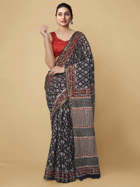 

Unnati Silks Women Black & White Printed Handloom Mulmul Cotton Bagru Saree