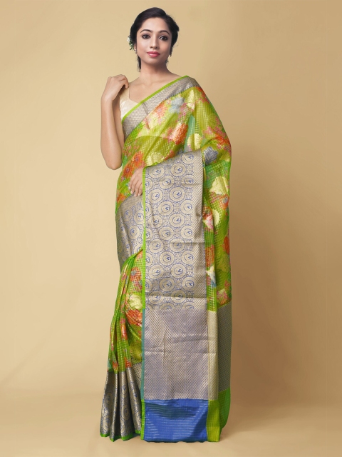 

Unnati Silks Women Lime Green & Golden Woven Design Handloom Jamdhani Banarasi Saree