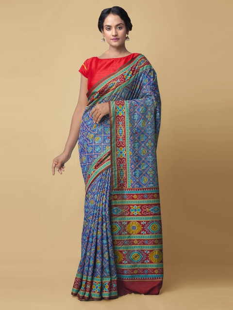 

Unnati Silks Women Blue & Maroon Hand Block Print Handloom Rajkot Patola Saree