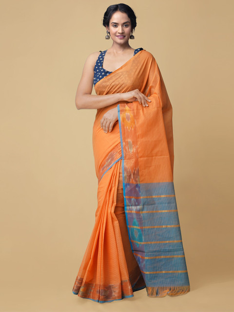

Unnati Silks Women Orange & Blue Striped Handloom Pure Cotton Mangalgiri Saree
