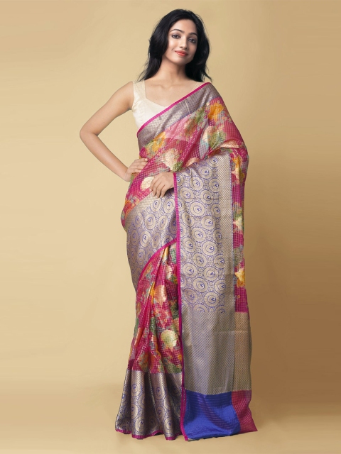 

Unnati Silks Women Pink & Golden Woven Design Handloom Jamdhani Banarasi Saree