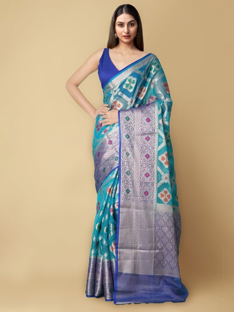 

Unnati Silks Women Blue & Silver Woven Design Handloom Brocade Banasari Saree