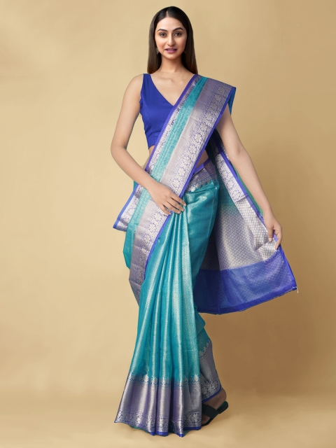 

Unnati Silks Women Blue & Silver Woven Design Handloom Banasari Saree