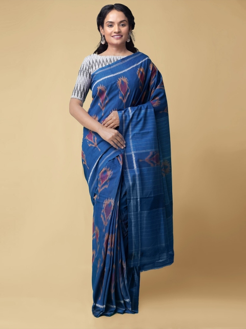 

Unnati Silks Women Blue & Peach-Coloured Pure Handloom Pochampally Ikat Cotton Sustainable Saree