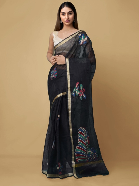 

Unnati Silks Women Black & Sea Green Kalamkari Applique Handloom Pure Cotton Kota Saree