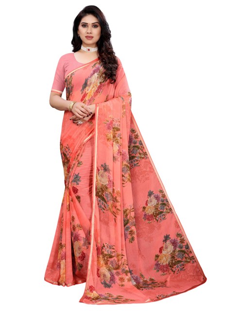 

KALINI Coral Pink & Brown Floral Printed Saree