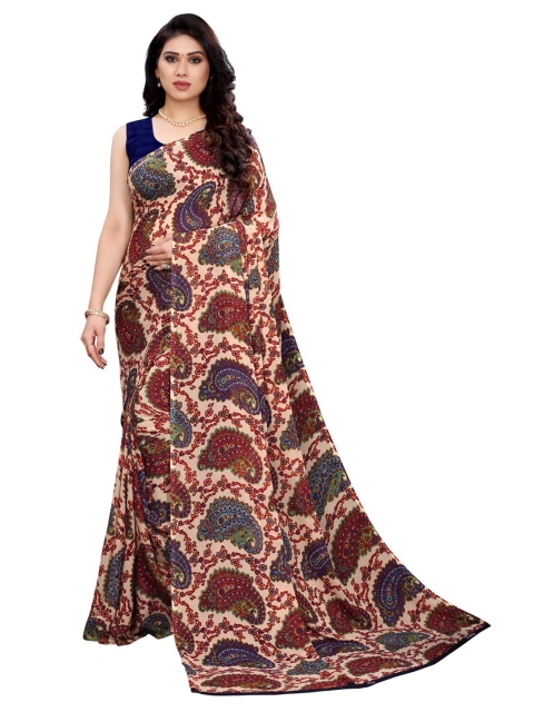 

KALINI Cream-Coloured & Blue Paisley Printed Saree