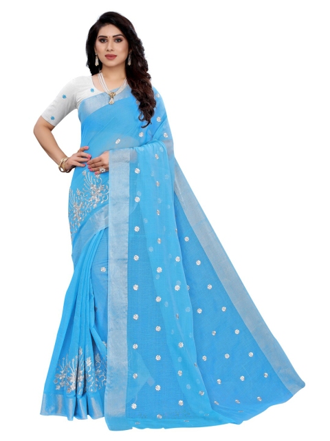 

KALINI Blue & Grey Floral Embroidered Saree