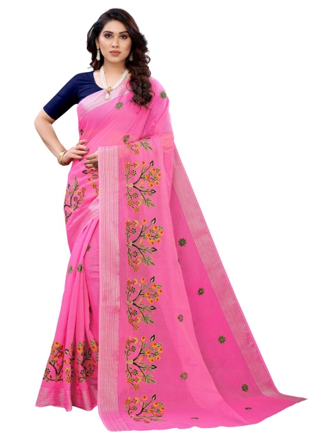 

KALINI Pink & Blue Floral Embroidered Saree