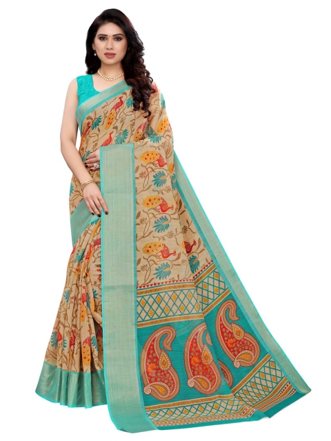 

KALINI Sea Green & Beige Ethnic Motifs Print Polycotton Designer Saree